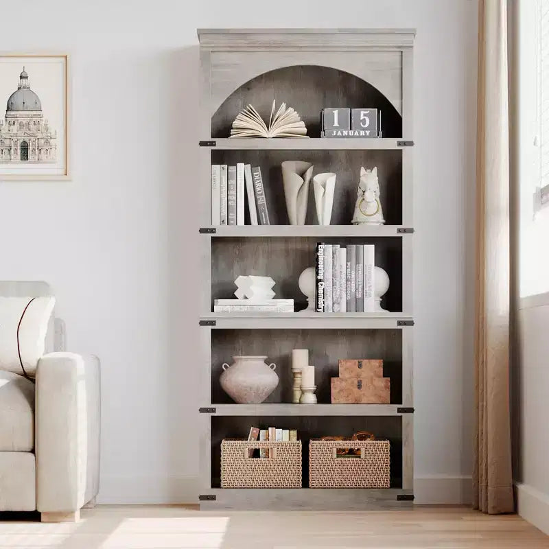 Arched Bookcase, 5-Tier Bookshelf, 68.7-inch High Farmhouse Style Bookcase, Curved Storage Rack for Home Office, Living Room