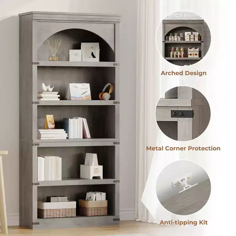 Arched Bookcase, 5-Tier Bookshelf, 68.7-inch High Farmhouse Style Bookcase, Curved Storage Rack for Home Office, Living Room