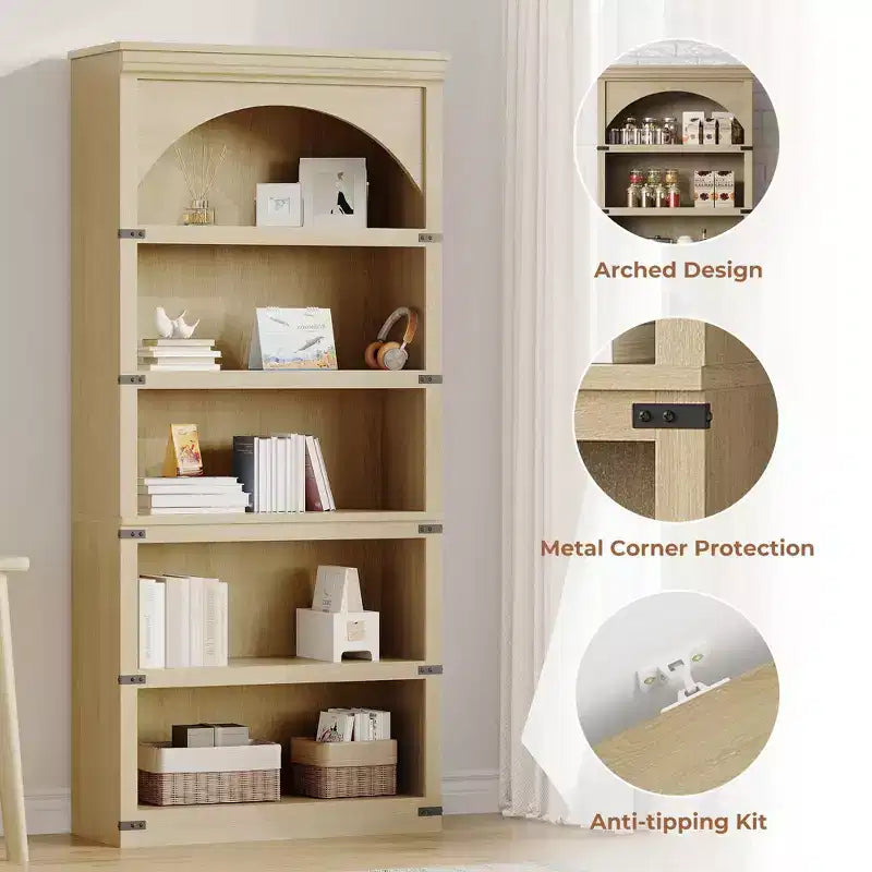 Arched Bookcase, 5-Tier Bookshelf, 68.7-inch High Farmhouse Style Bookcase, Curved Storage Rack for Home Office, Living Room