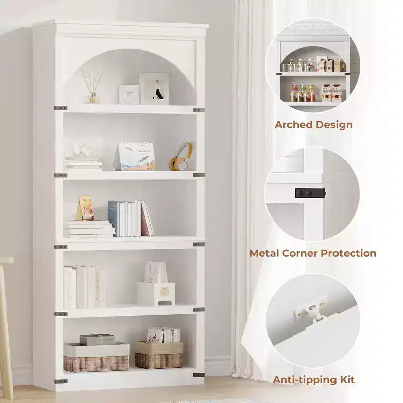 Arched Bookcase, 5-Tier Bookshelf, 68.7-inch High Farmhouse Style Bookcase, Curved Storage Rack for Home Office, Living Room
