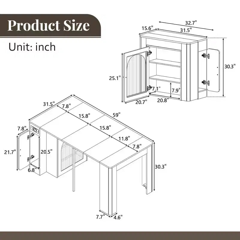 Okak 59IN Extendable Dining Table with Removable Middle Leaves, Kitchen Table with Power Outlet, Dinner Table for Dining Room