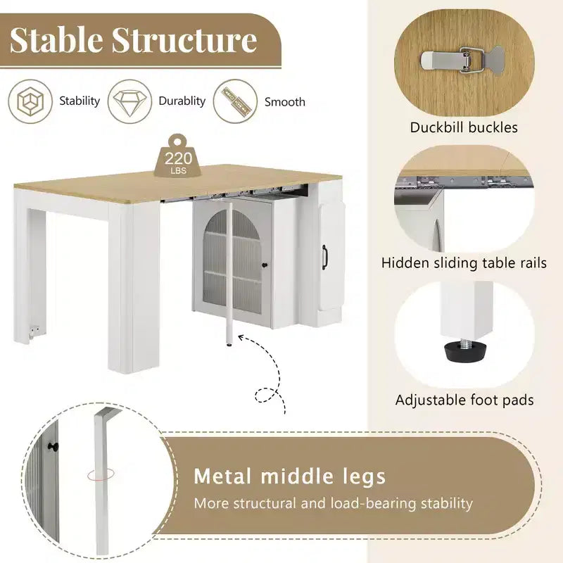 Okak 59IN Extendable Dining Table with Removable Middle Leaves, Kitchen Table with Power Outlet, Dinner Table for Dining Room