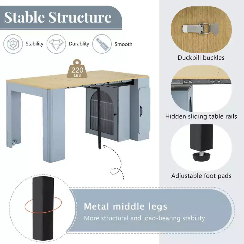 Okak 59IN Extendable Dining Table with Removable Middle Leaves, Kitchen Table with Power Outlet, Dinner Table for Dining Room