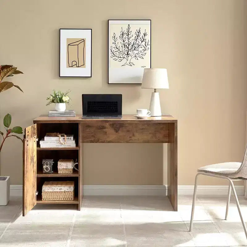 Okak 47.25IN Farmhouse Home Office Desks, Computer Desk with 1 Faux Barn Door and 3-Tier Shelves, Standing Desk for Home, Office