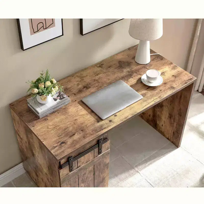 Okak 47.25IN Farmhouse Home Office Desks, Computer Desk with 1 Faux Barn Door and 3-Tier Shelves, Standing Desk for Home, Office