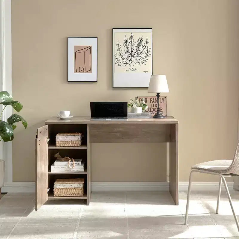 Okak 47.25IN Farmhouse Home Office Desks, Computer Desk with 1 Faux Barn Door and 3-Tier Shelves, Standing Desk for Home, Office
