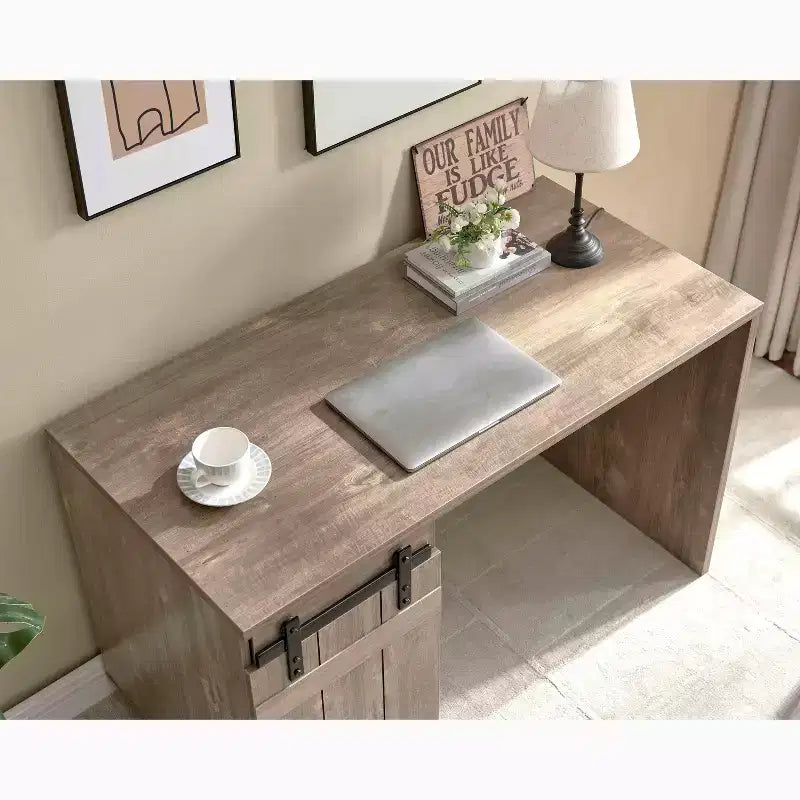 Okak 47.25IN Farmhouse Home Office Desks, Computer Desk with 1 Faux Barn Door and 3-Tier Shelves, Standing Desk for Home, Office