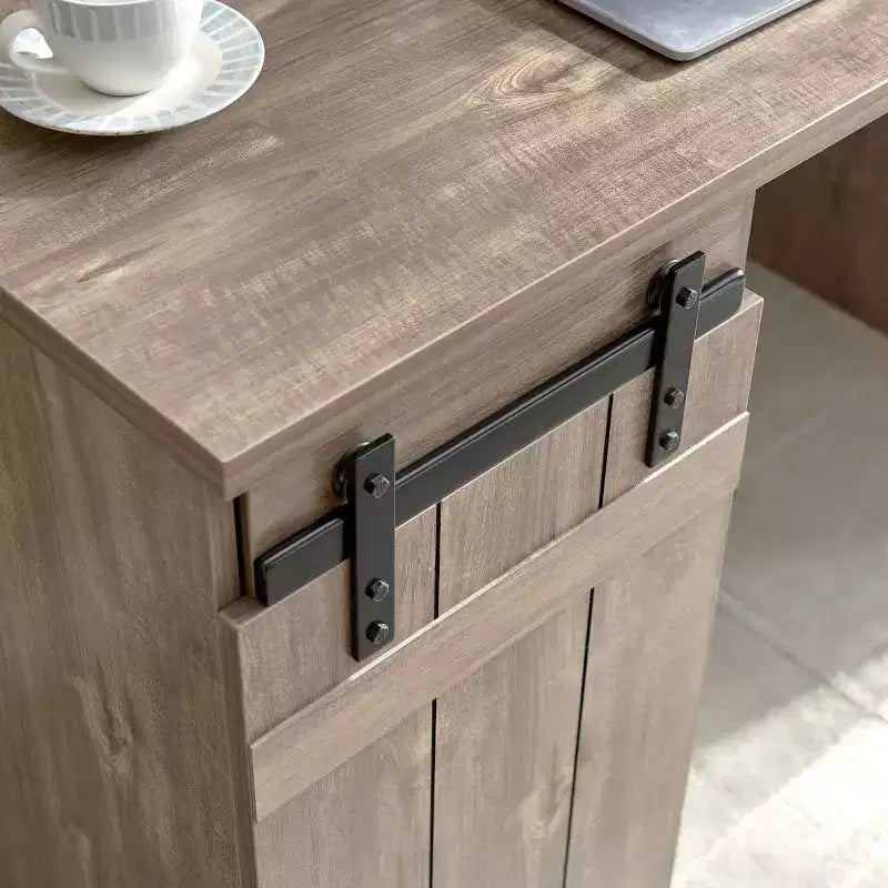 Okak 47.25IN Farmhouse Home Office Desks, Computer Desk with 1 Faux Barn Door and 3-Tier Shelves, Standing Desk for Home, Office