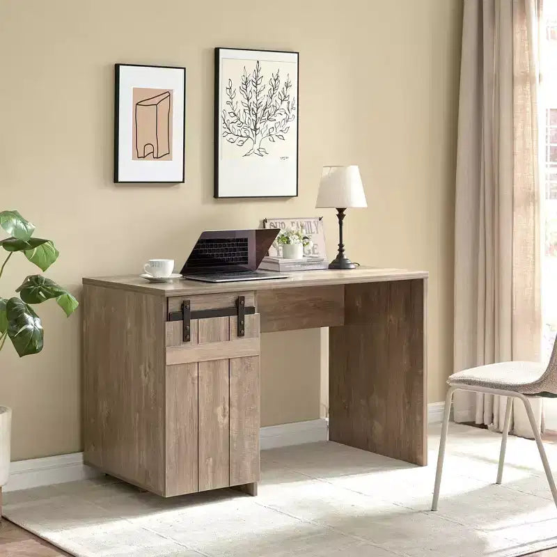 Okak 47.25IN Farmhouse Home Office Desks, Computer Desk with 1 Faux Barn Door and 3-Tier Shelves, Standing Desk for Home, Office