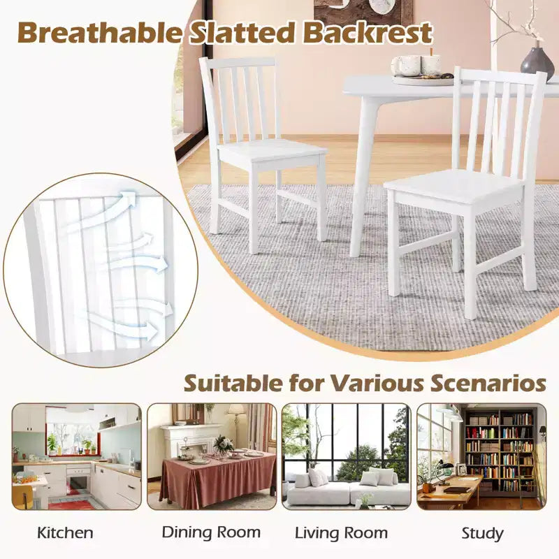 Rustic Dining Chairs Set of 2 with Slat Tilt Backrest, Wide Seat, Rubber Wood Legs White/Black