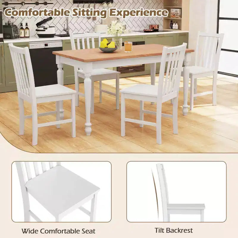 Rustic Dining Chairs Set of 2 with Slat Tilt Backrest, Wide Seat, Rubber Wood Legs White/Black