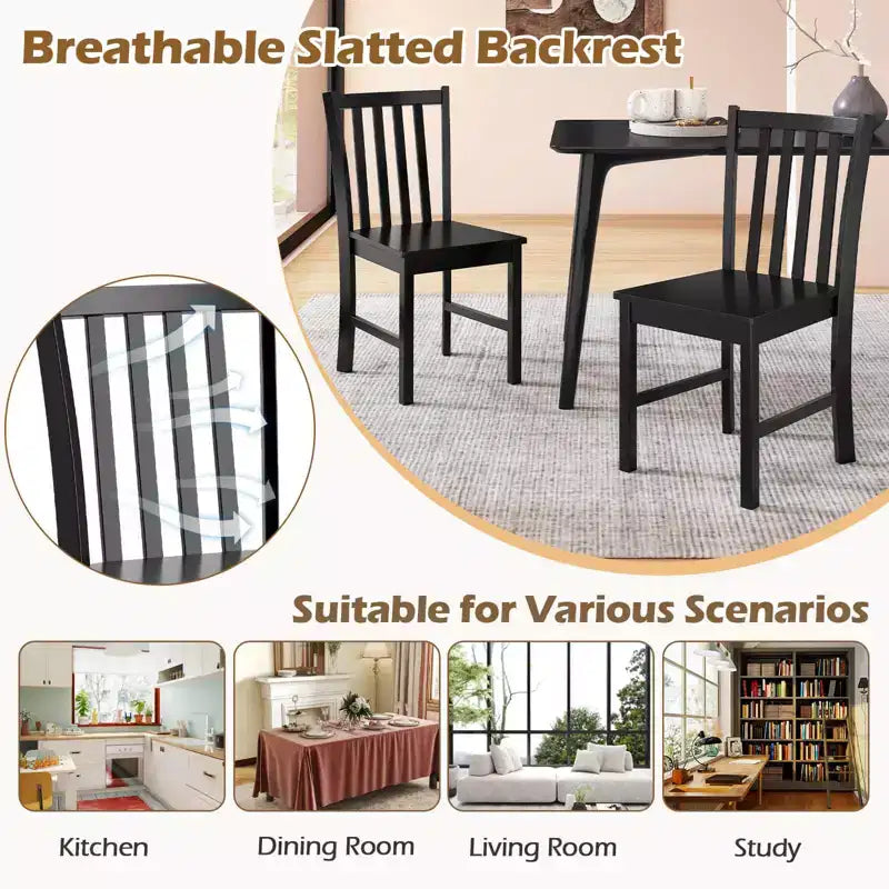 Rustic Dining Chairs Set of 2 with Slat Tilt Backrest, Wide Seat, Rubber Wood Legs White/Black
