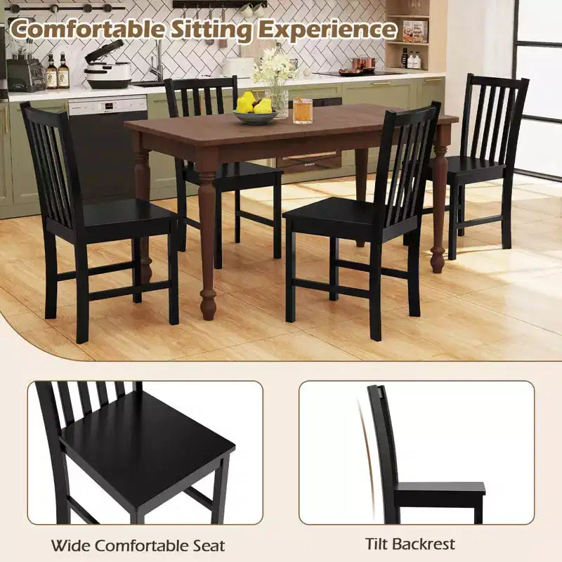 Rustic Dining Chairs Set of 2 with Slat Tilt Backrest, Wide Seat, Rubber Wood Legs White/Black