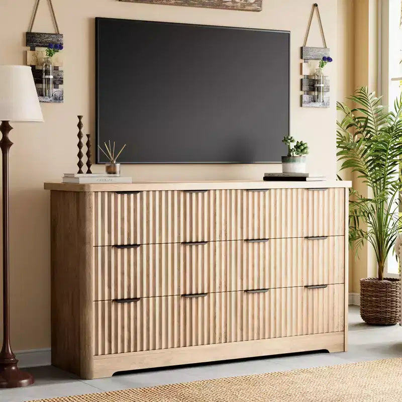 Fluted 6 Drawer Dresser Modern Storage Cabinet with Wide Top Sturdy of Drawers TV Stand Organizer
