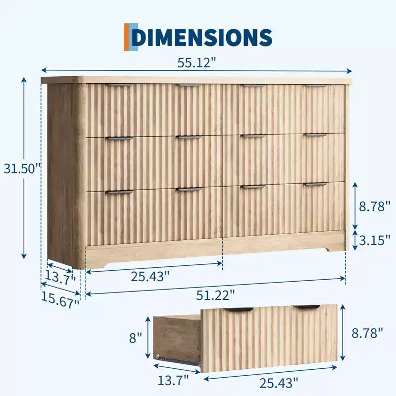 Fluted 6 Drawer Dresser Modern Storage Cabinet with Wide Top Sturdy of Drawers TV Stand Organizer