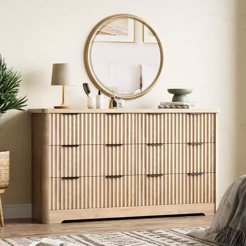 Fluted 6 Drawer Dresser Modern Storage Cabinet with Wide Top Sturdy of Drawers TV Stand Organizer