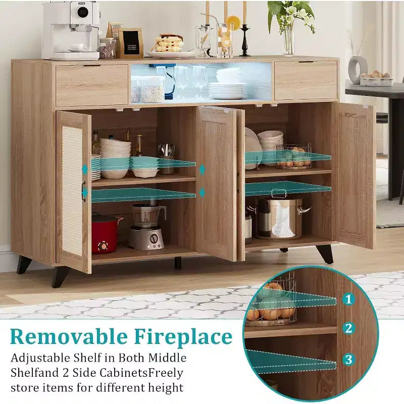 Rattan Sideboard Buffet Cabinet with 2 Drawers Storage, Boho Wooden Sideboard With Charging Station and LED Lights, for Living Room
