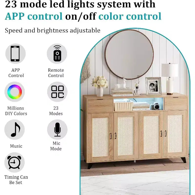 Rattan Sideboard Buffet Cabinet with 2 Drawers Storage, Boho Wooden Sideboard With Charging Station and LED Lights, for Living Room