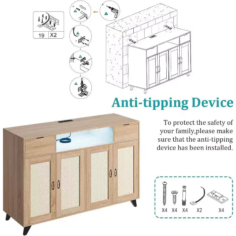 Rattan Sideboard Buffet Cabinet with 2 Drawers Storage, Boho Wooden Sideboard With Charging Station and LED Lights, for Living Room