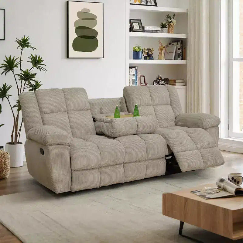 MAYEERTY Reclining Sofa, 3-Seat Corduroy Fabric Recliner with Adjustable Backrests for Living Room, Beige