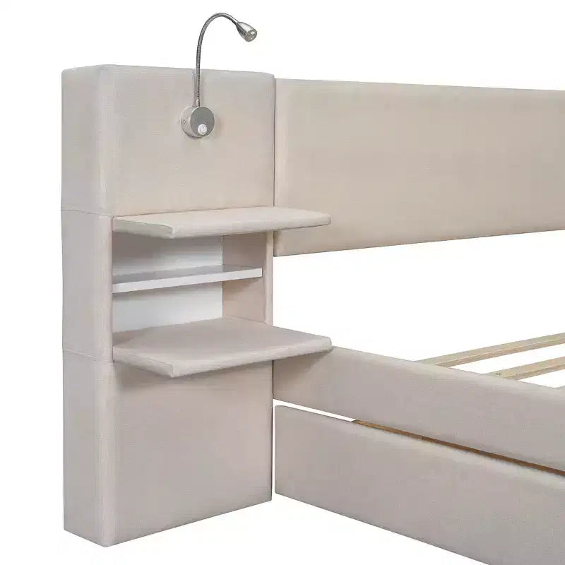 Upholstered Queen Platform Bed with Storage Drawers, Shelves, Trundle & Reading Lights