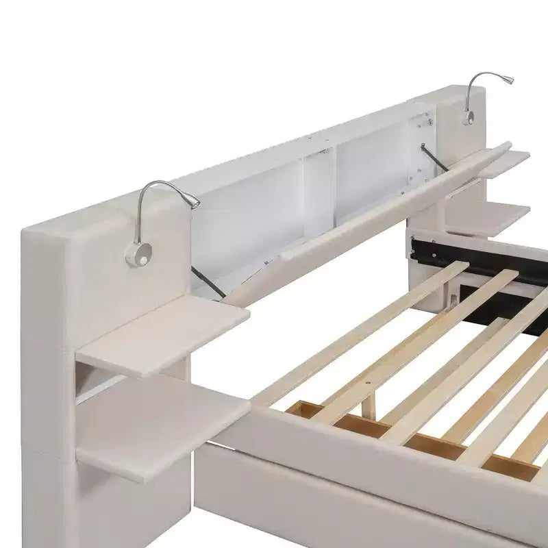 Upholstered Queen Platform Bed with Storage Drawers, Shelves, Trundle & Reading Lights