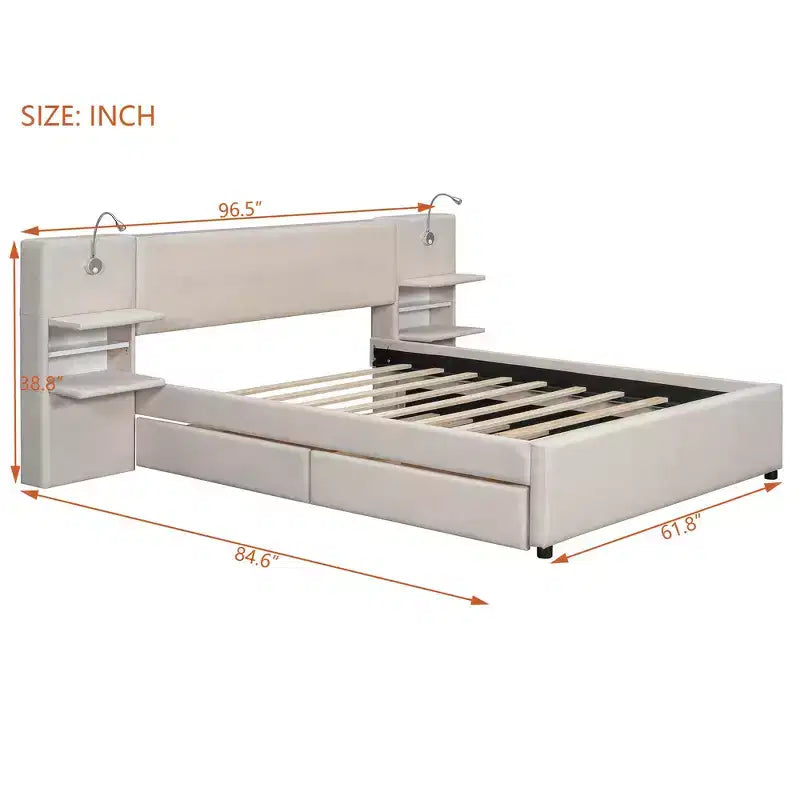 Upholstered Queen Platform Bed with Storage Drawers, Shelves, Trundle & Reading Lights