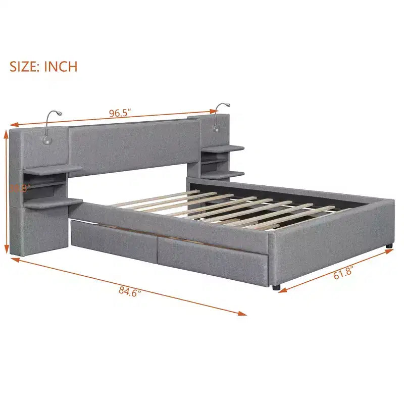Upholstered Queen Platform Bed with Storage Drawers, Shelves, Trundle & Reading Lights