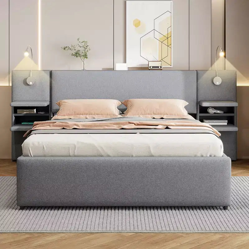 Upholstered Queen Platform Bed with Storage Drawers, Shelves, Trundle & Reading Lights