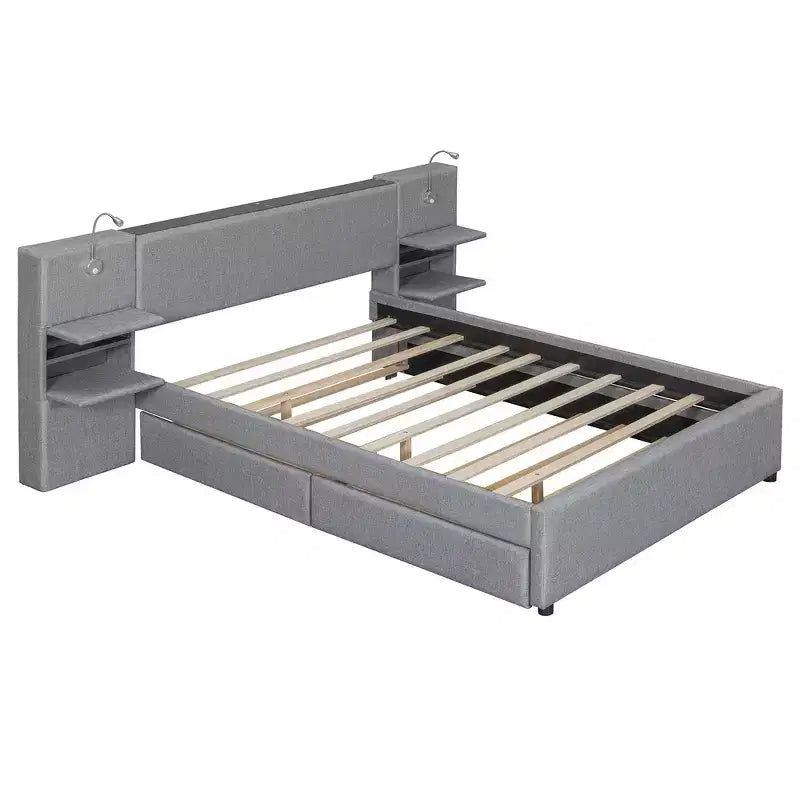 Upholstered Queen Platform Bed with Storage Drawers, Shelves, Trundle & Reading Lights