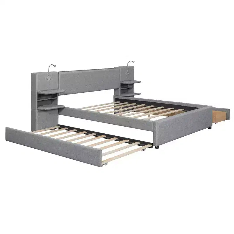 Upholstered Queen Platform Bed with Storage Drawers, Shelves, Trundle & Reading Lights