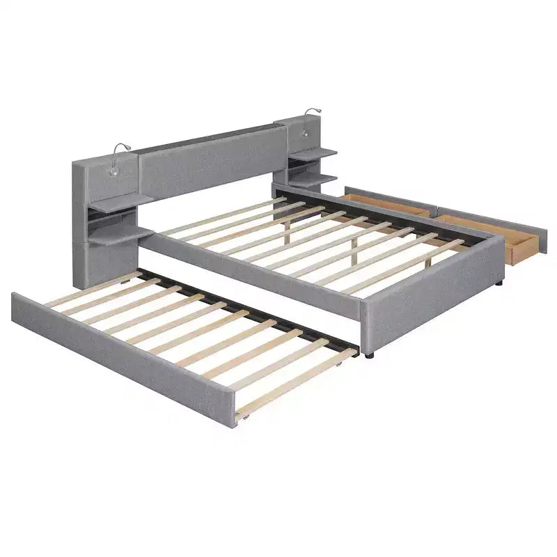 Upholstered Queen Platform Bed with Storage Drawers, Shelves, Trundle & Reading Lights