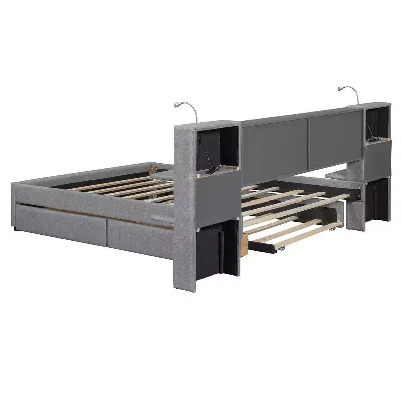 Upholstered Queen Platform Bed with Storage Drawers, Shelves, Trundle & Reading Lights