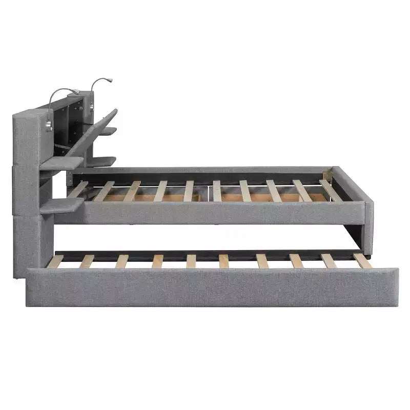 Upholstered Queen Platform Bed with Storage Drawers, Shelves, Trundle & Reading Lights
