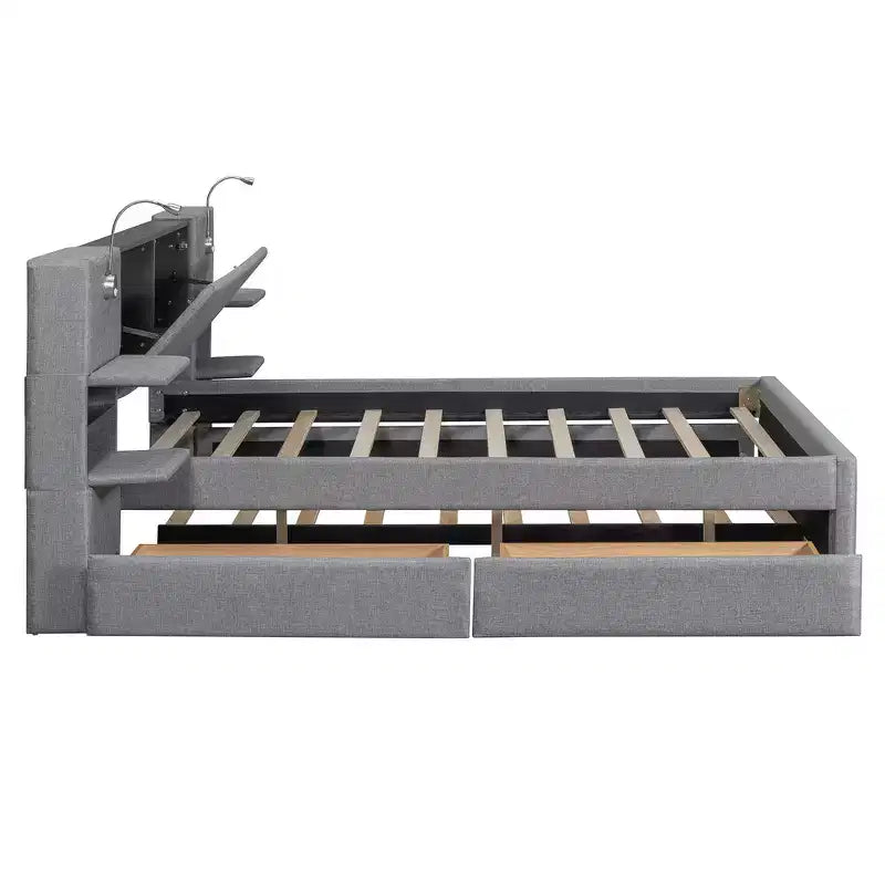 Upholstered Queen Platform Bed with Storage Drawers, Shelves, Trundle & Reading Lights
