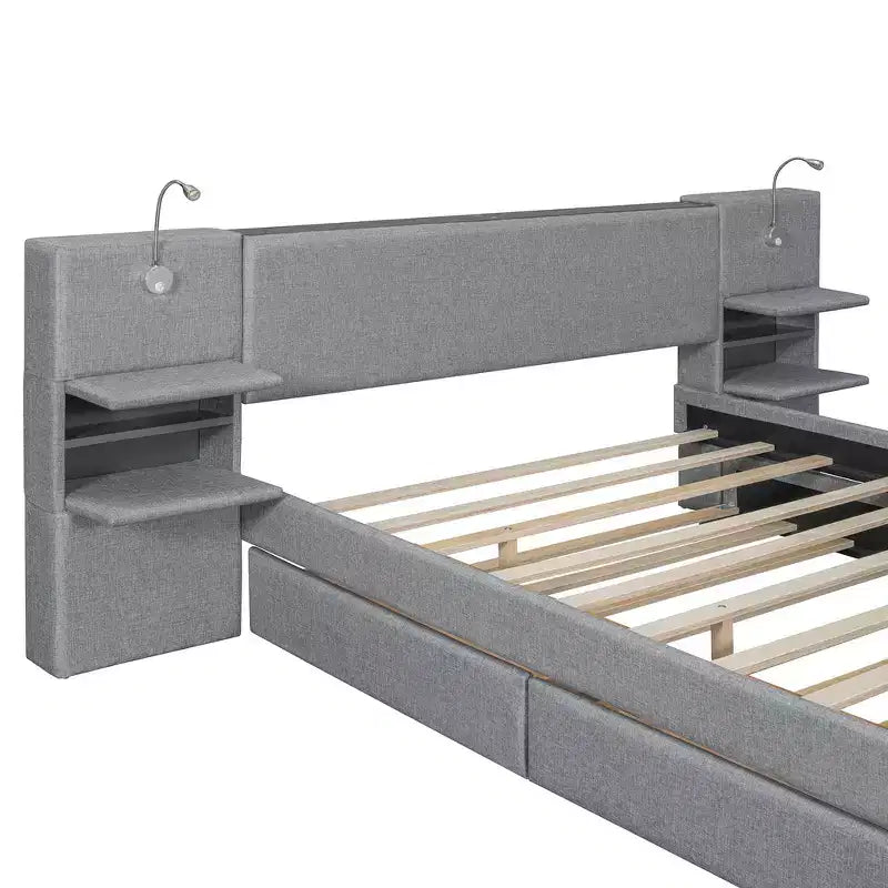 Upholstered Queen Platform Bed with Storage Drawers, Shelves, Trundle & Reading Lights