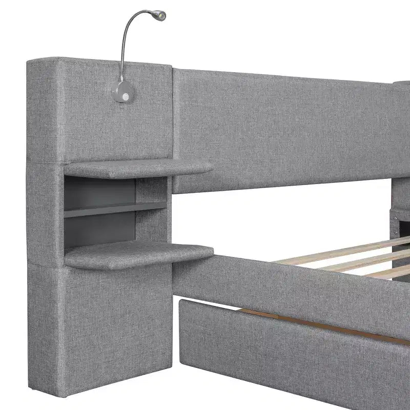 Upholstered Queen Platform Bed with Storage Drawers, Shelves, Trundle & Reading Lights