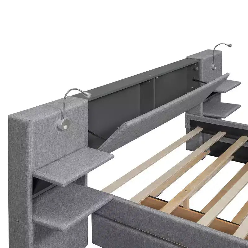 Upholstered Queen Platform Bed with Storage Drawers, Shelves, Trundle & Reading Lights