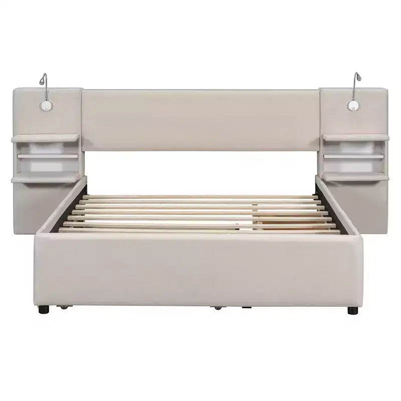 Upholstered Queen Platform Bed with Storage Drawers, Shelves, Trundle & Reading Lights
