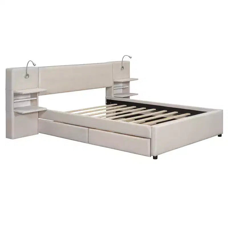 Upholstered Queen Platform Bed with Storage Drawers, Shelves, Trundle & Reading Lights