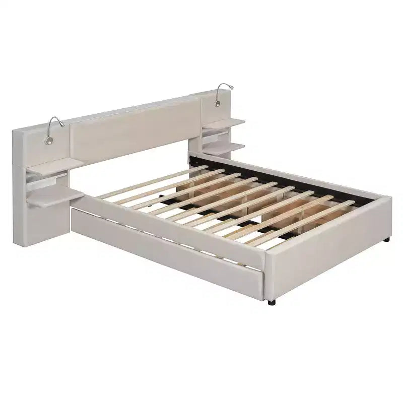 Upholstered Queen Platform Bed with Storage Drawers, Shelves, Trundle & Reading Lights