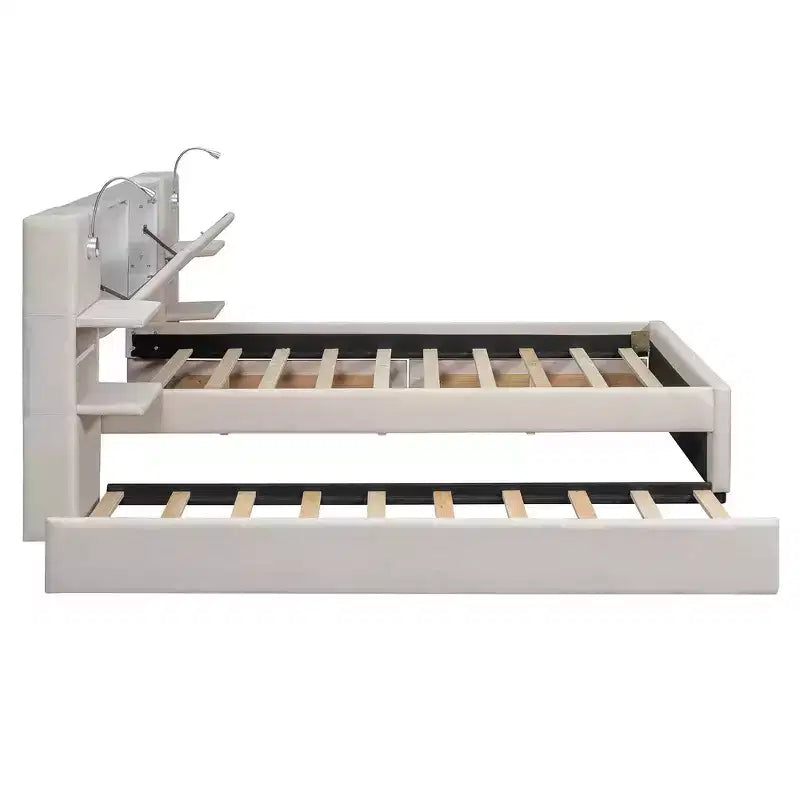 Upholstered Queen Platform Bed with Storage Drawers, Shelves, Trundle & Reading Lights