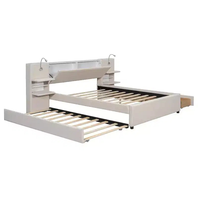 Upholstered Queen Platform Bed with Storage Drawers, Shelves, Trundle & Reading Lights