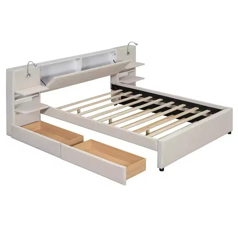 Upholstered Queen Platform Bed with Storage Drawers, Shelves, Trundle & Reading Lights