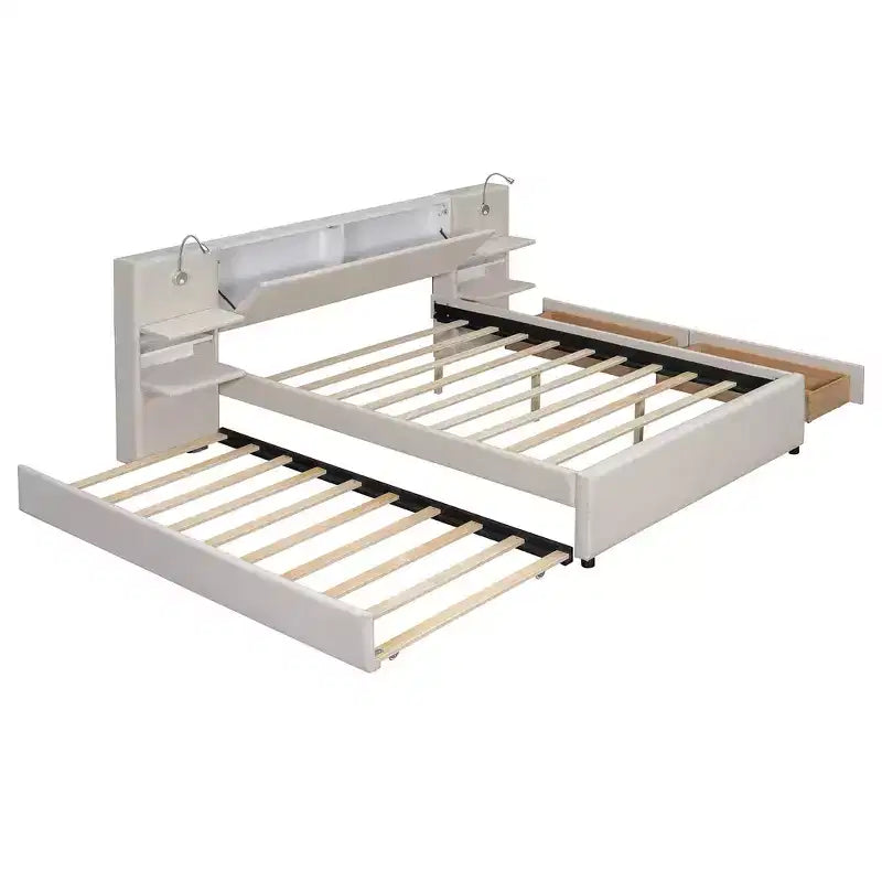 Upholstered Queen Platform Bed with Storage Drawers, Shelves, Trundle & Reading Lights