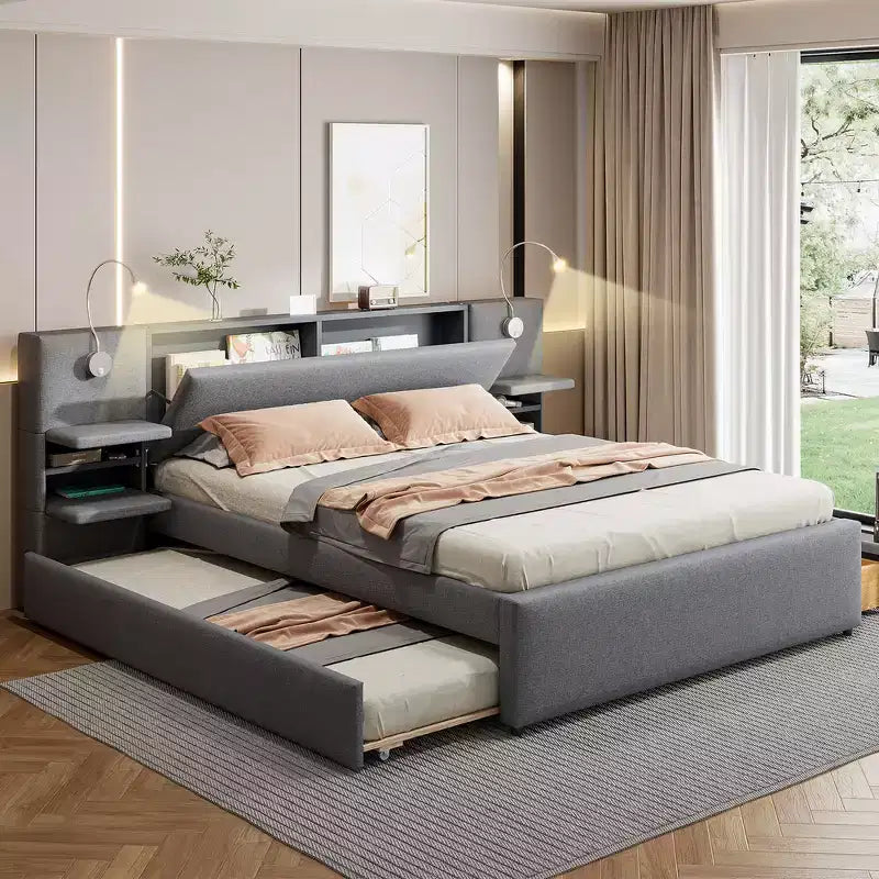 Upholstered Queen Platform Bed with Storage Drawers, Shelves, Trundle & Reading Lights