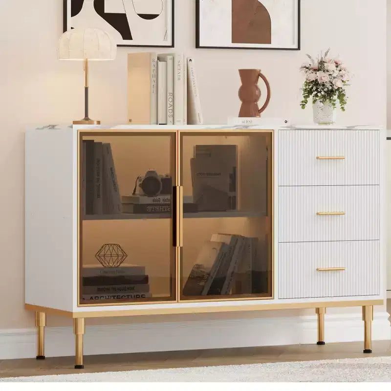 Sideboard Cabinet with Storage, Buffet Table with Faux Marble Top and Glass Doors for Dining Room