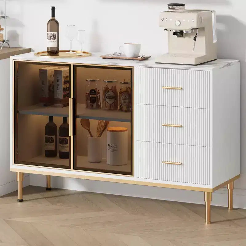 Sideboard Cabinet with Storage, Buffet Table with Faux Marble Top and Glass Doors for Dining Room