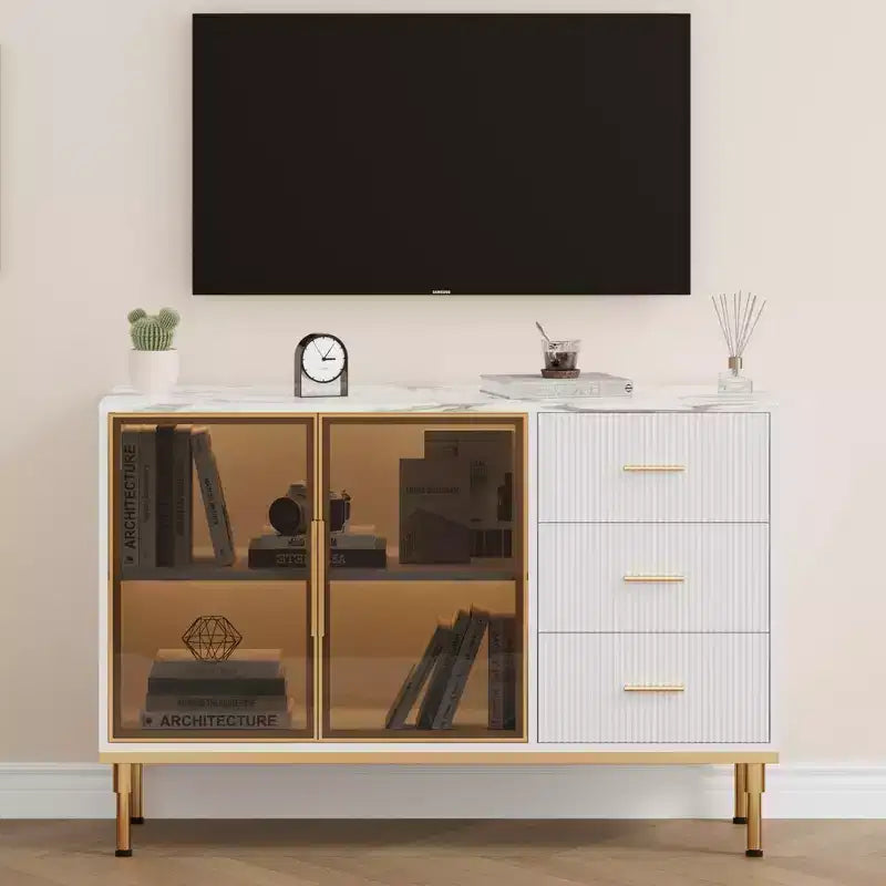 Sideboard Cabinet with Storage, Buffet Table with Faux Marble Top and Glass Doors for Dining Room