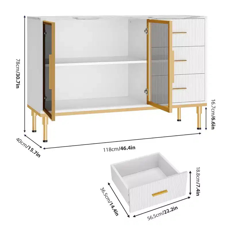 Sideboard Cabinet with Storage, Buffet Table with Faux Marble Top and Glass Doors for Dining Room